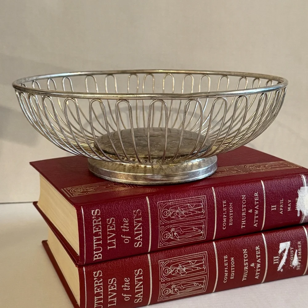 Vintage Silver Plated on Steel Wire Fruit Basket Mid-century Modern Cottagecore